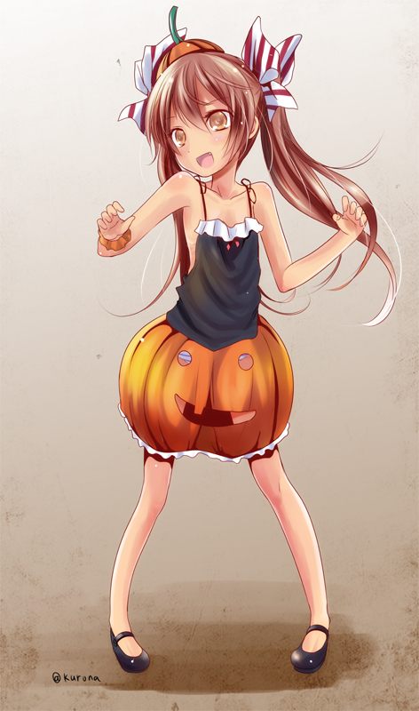 1girl, bare_arms, bare_shoulders, bow, brown_eyes, brown_hair, collarbone, fang