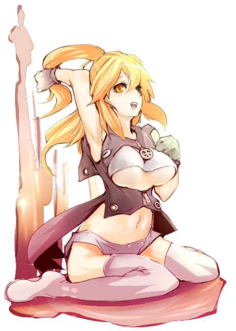 bad_id, blonde_hair, breasts, gloves, kneeling, long_hair, midriff, psyren