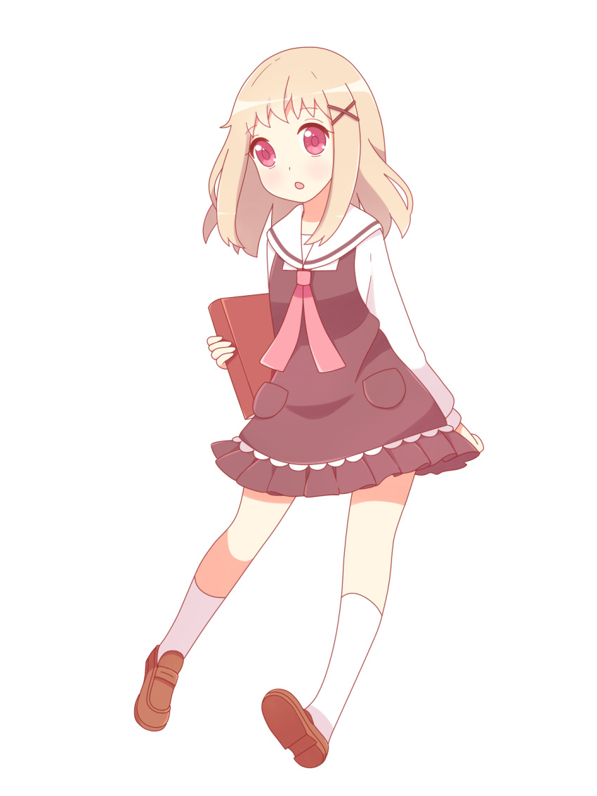 1girl, aria's_story, aria_(aria's_story), blonde_hair, blush, book, full_body, hair_ornament, hairclip, highres, jumper, long_hair, long_sleeves, looking_at_viewer, lydia_(thesoundoffreedom), open_mouth, pink_eyes, sailor_collar, socks, solo, transparent_background, white_legwear