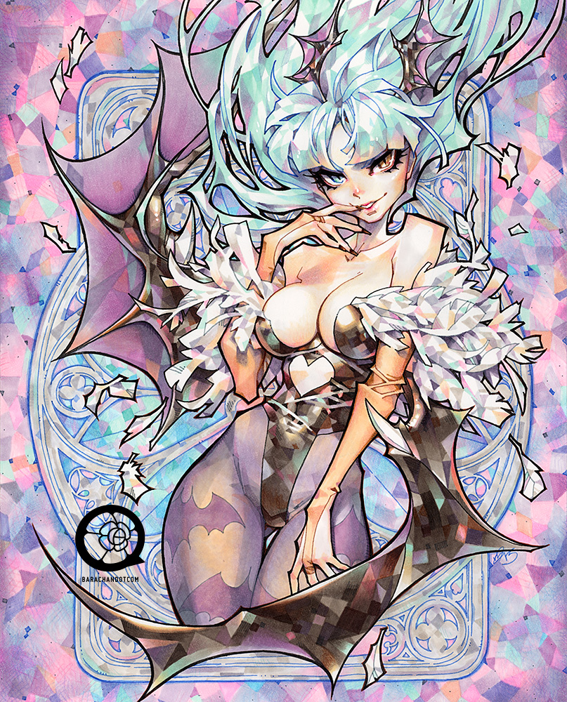 1girl, aqua_hair, barachan, bat_print, bat_wings, black_leotard, breasts, bridal_gauntlets, cleavage, demon_wings, feather_trim, finger_to_mouth, floating_hair, gloves, green_hair, head_wings, heart_cutout, heterochromia, highleg, highleg_leotard, leotard, long_hair, looking_at_viewer, marker_(medium), morrigan_aensland, pantyhose, parted_lips, print_legwear, smirk, solo, thigh_gap, traditional_media, vampire_(game), wings