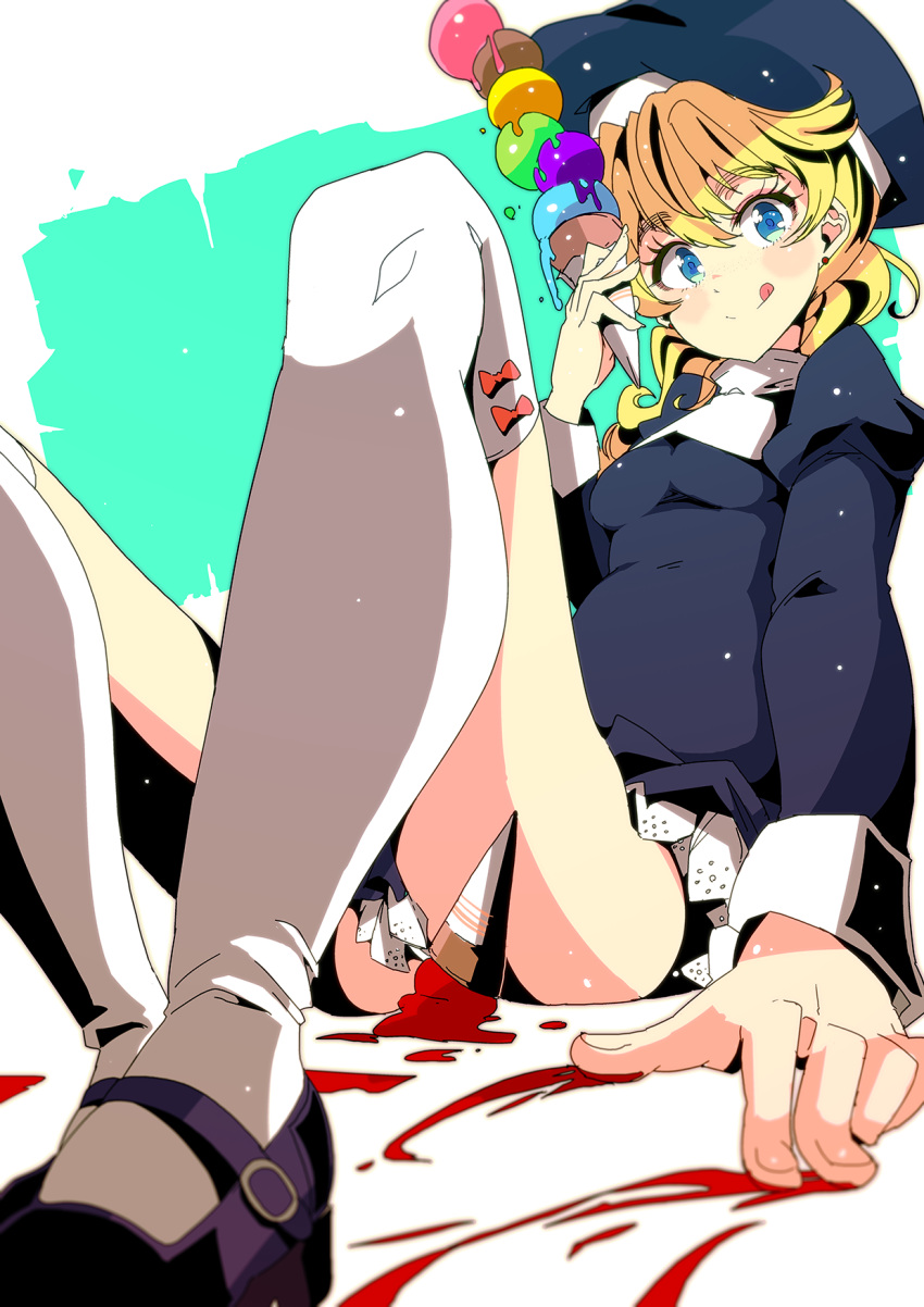 1girl, :p, blonde_hair, blue_eyes, blush, dress, food, hat