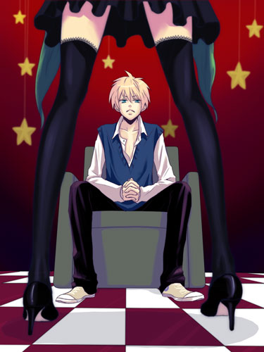 blonde_hair, blue_eyes, hatsune_miku, high_heels, kagamine_len, legs, long_hair, lowres