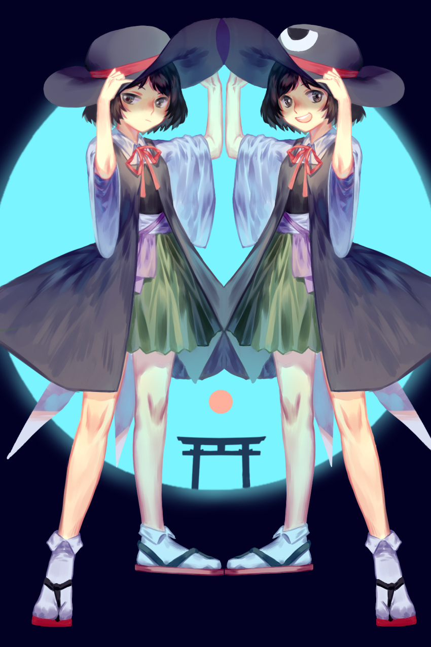 androgynous, big_hat, black_hair, bow, detached_sleeves, enraku_tsubakura, enraku_tsubakura_(cosplay), evanescent_existence