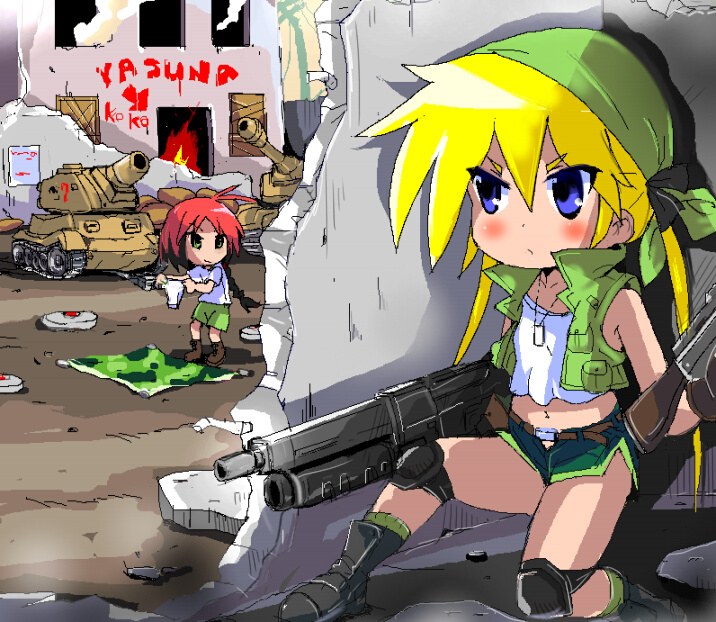gun, hat, kasamoto_eri, kasamoto_eri_(cosplay), kill_me_baby, metal_slug, midriff, military, military_vehicle, multiple_girls, panties, ponytail, shorts, sonya_(kill_me_baby), t2, tank, underwear, unused_character, vehicle, weapon