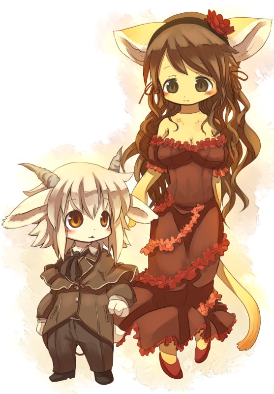 1boy, 1girl, animal_ears, bare_shoulders, breasts, brown_hair, commentary_request, forest_of_pixiv
