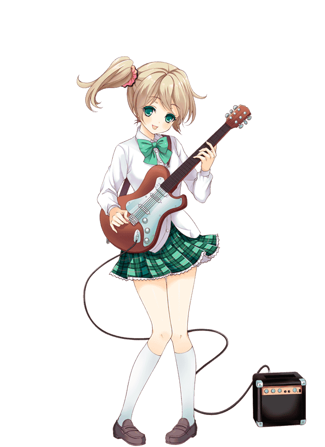 1girl, artist_request, bowtie, brown_hair, etou_kurumi, girlfriend_(kari), green_bowtie, green_eyes, guitar, instrument, official_art, plaid, plaid_skirt, pleated_skirt, qp:flapper, school_uniform, shirt, side_ponytail, skirt, socks, solo, transparent_background, white_shirt
