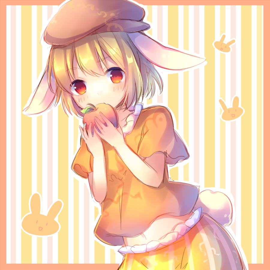 1girl, animal_ears, apple, blonde_hair, eating, flat_cap, food, fruit
