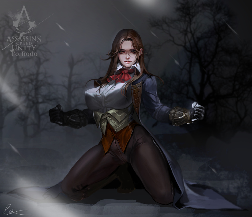 1girl, arno_dorian, assassin's_creed, breasts, brown_eyes, brown_hair, clenched_hand, coat