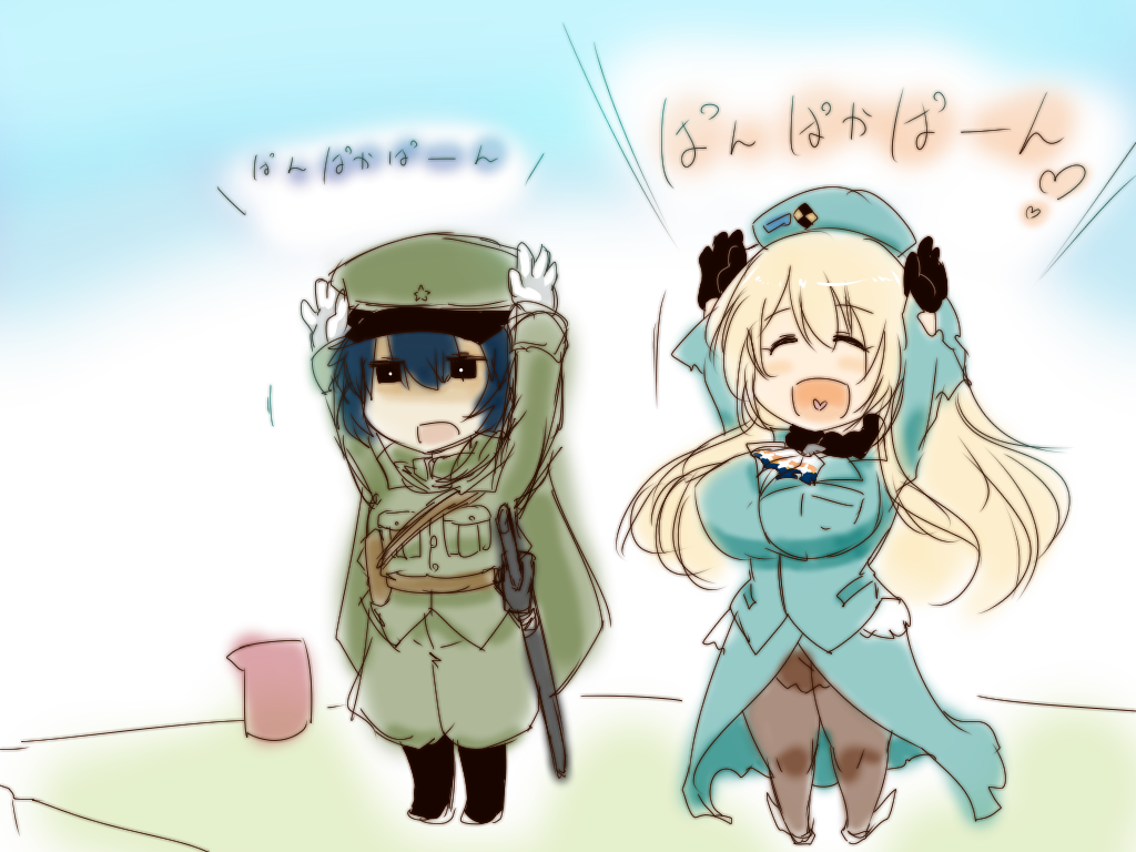 1boy, 1girl, arms_up, atago_(kantai_collection), beret, black_eyes, black_gloves, blonde_hair