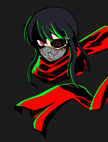 1girl, black_hair, eyepatch, face_mask, fujikido_kenji, fujikido_kenji_(cosplay), long_hair, mask, mirai_(senran_kagura), ninja_slayer, red_eyes, scarf, senran_kagura, senran_kagura_(series), solo