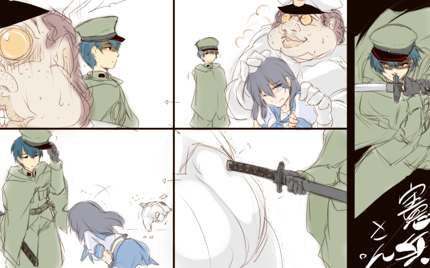 1girl, 2boys, 4koma, admiral_(kantai_collection), ahoge, ass_poking, bending_forward, black_eyes