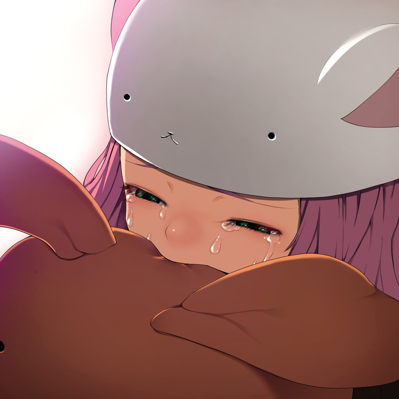 animal_hat, bad_id, bite, biting, blush, cat_hat, close-up, green_eyes