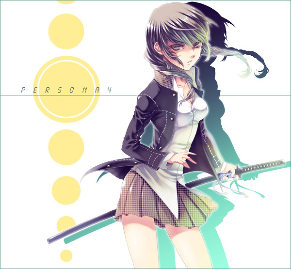 genderswap, grey_hair, mayupon@genkouchuu, narukami_yuu, ouno_mayumi, persona, persona_4, school_uniform, seta_souji, skirt, sword, weapon