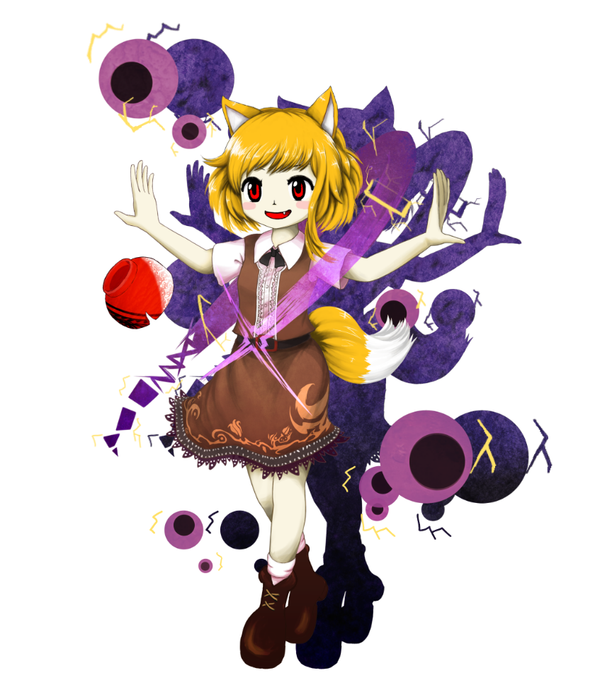 1girl, animal_ears, blonde_hair, bowl, cookie_(touhou), dress, fang, fox_ears