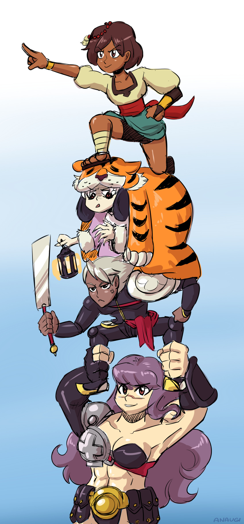 1boy, 3girls, abs, absurdres, ajna_(indivisible), anaugi, anger_vein, ankle_wraps, bracelet, breastplate, commentary, dhar_(indivisible), highres, human_tower, indivisible, jewelry, lantern, multiple_girls, muscle, phoebe_(indivisible), razmi_(indivisible), sandals, scar, stacking, tiger_pelt