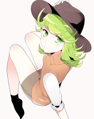 1girl, alternate_costume, bangs, flipped_hair, from_above, green_eyes, green_hair, hand_on_headwear, hat, no_shoes, onepunch_man, short_hair, simple_background, sitting, sleeves_rolled_up, socks, solo, swept_bangs, tatsumaki, yudacocco