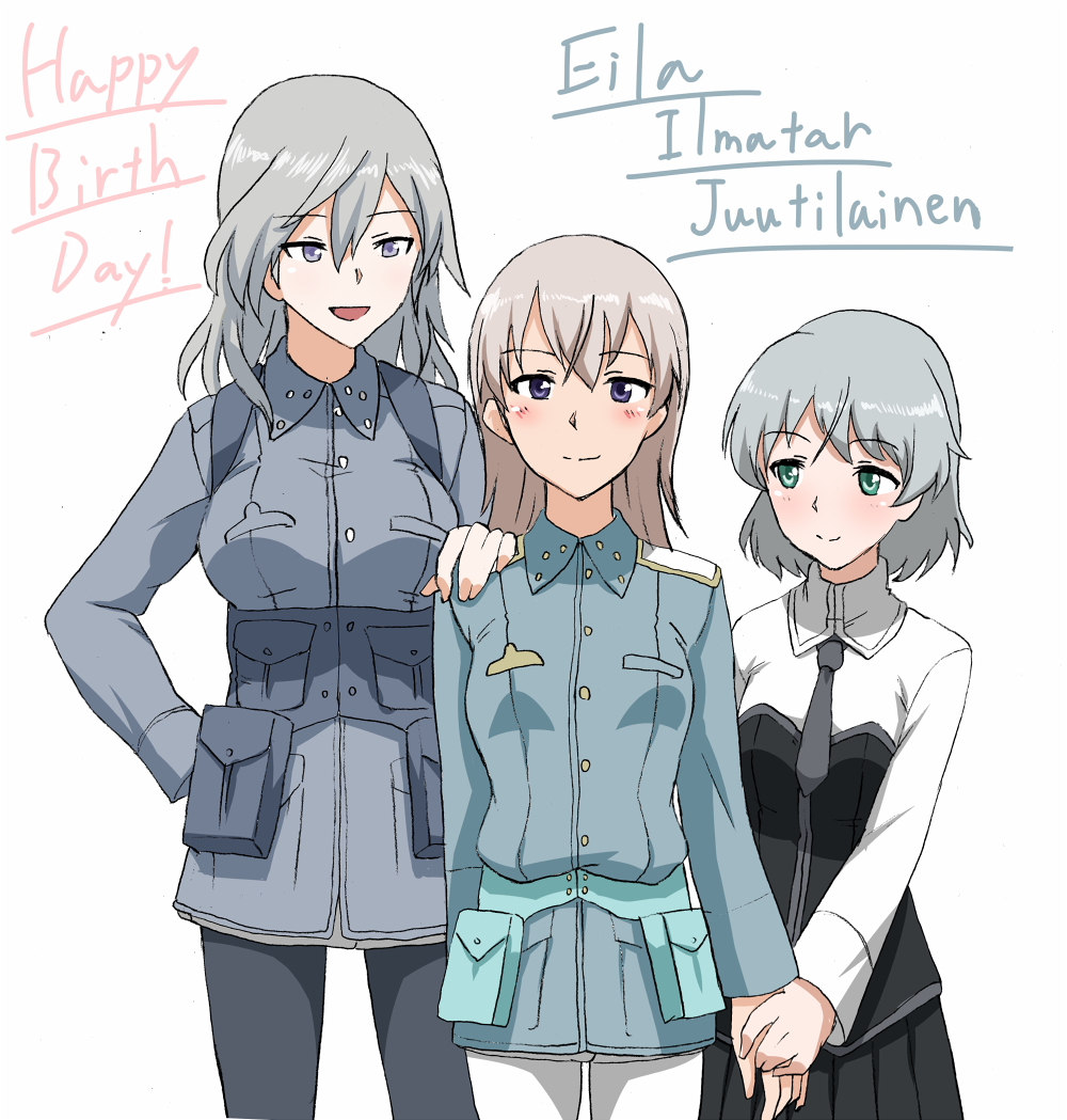 3girls, aurora_e_juutilainen, birthday, eila_ilmatar_juutilainen, green_eyes, grey_hair, hakuyou-choun, hand_on_shoulder