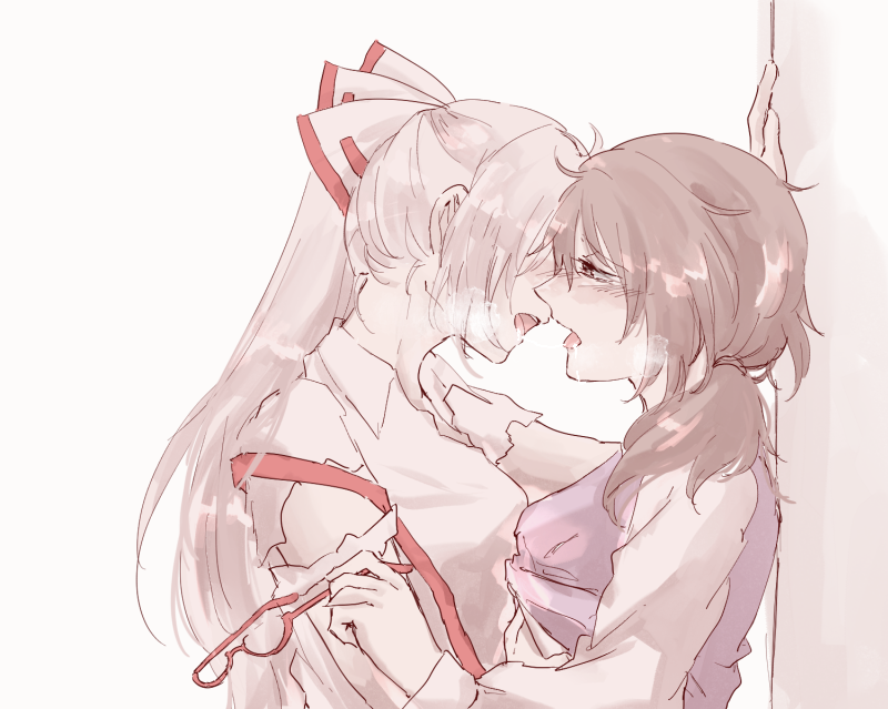 2girls, against_wall, bow, breast_grab, brown_hair, clothes_lift, fujiwara_no_mokou, glasses