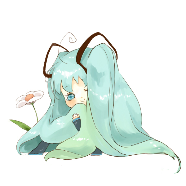 ahoge, aqua_eyes, aqua_hair, bad_id, chibi, flower, hatsune_miku, long_hair