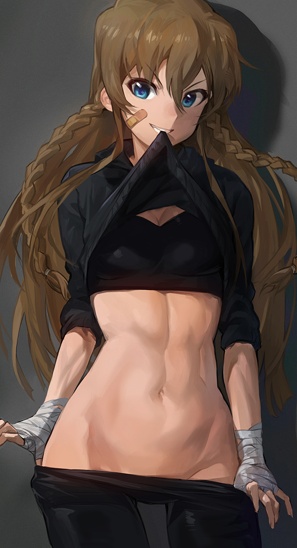 >:d, 1girl, :d, abs, bandages, bandaid, bike_shorts, black_background, black_bra, blue_eyes, bra, braid, breasts, brown_hair, cleavage, cowboy_shot, hair_between_eyes, head_tilt, idolmaster, idolmaster_million_live!, kousaka_umi, long_hair, midriff, mossi, mouth_hold, muscle, navel, open_mouth, parted_lips, shirt_lift, shorts, shorts_pull, simple_background, skin_tight, sleeves_pushed_up, smile, solo, sports_bra, standing, stomach, teasing, twin_braids, underwear, very_long_hair