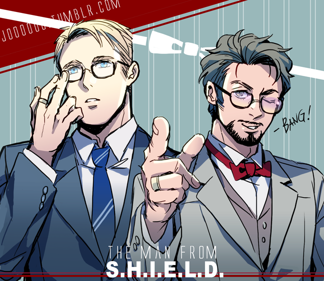 2boys, avengers, blonde_hair, bowtie, formal, jewelry, jo_(artist), male_focus