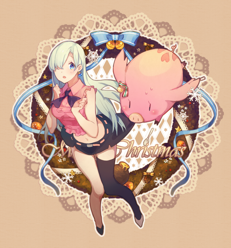 1girl, aqua_hair, black_legwear, black_skirt, blue_eyes, blush, christmas, earrings, elizabeth_liones, hair_over_one_eye, iritoa, jewelry, long_hair, looking_at_viewer, midriff, mismatched_footwear, nanatsu_no_taizai, navel, open_mouth, pig, single_thighhigh, skirt, solo, thigh-highs