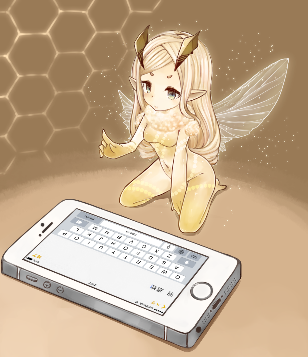 1girl, blonde_hair, cellphone, covered_navel, fairy, fairy_wings, horns, mootor