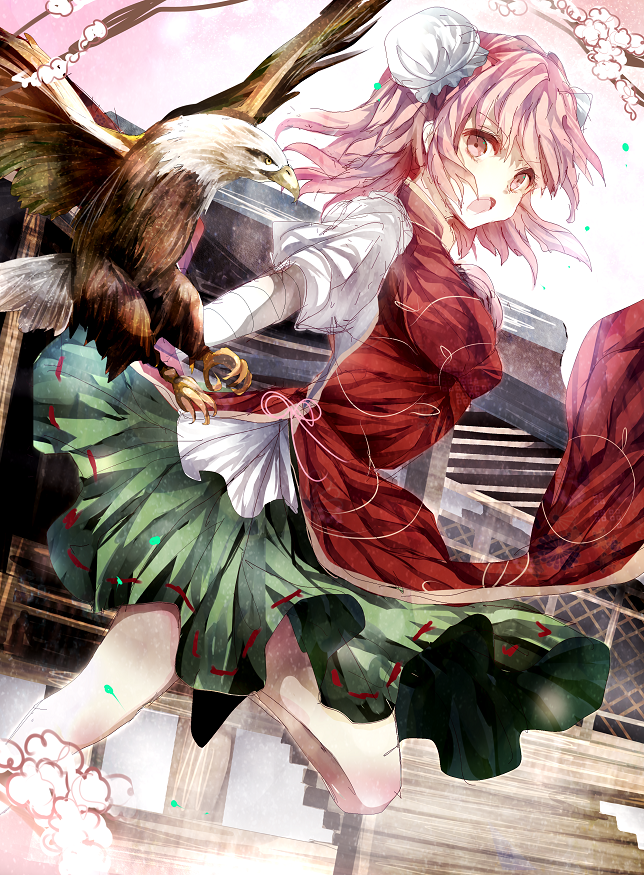 1girl, bald_eagle, bandaged_arm, bandages, bird, blouse, double_bun, eagle