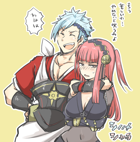 1boy, 1girl, blue_hair, blush, breasts, brown_eyes, fire_emblem, fire_emblem_if, large_breasts, laughing, looking_away, redhead, shinonome_(fire_emblem_if), shougayaki_(kabayaki_3), syalla_(fire_emblem_if)