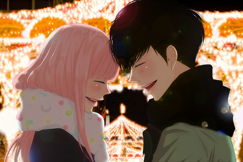 blush, closed_eyes, couple, date, dating, festival, happy, jacket, just_be_friends_(vocaloid), laughing, lens_flare, light, lipstick, long_hair, megurine_luka, night, pink_hair, polka_dot, scarf, short_hair, smile, vocaloid, yunomi