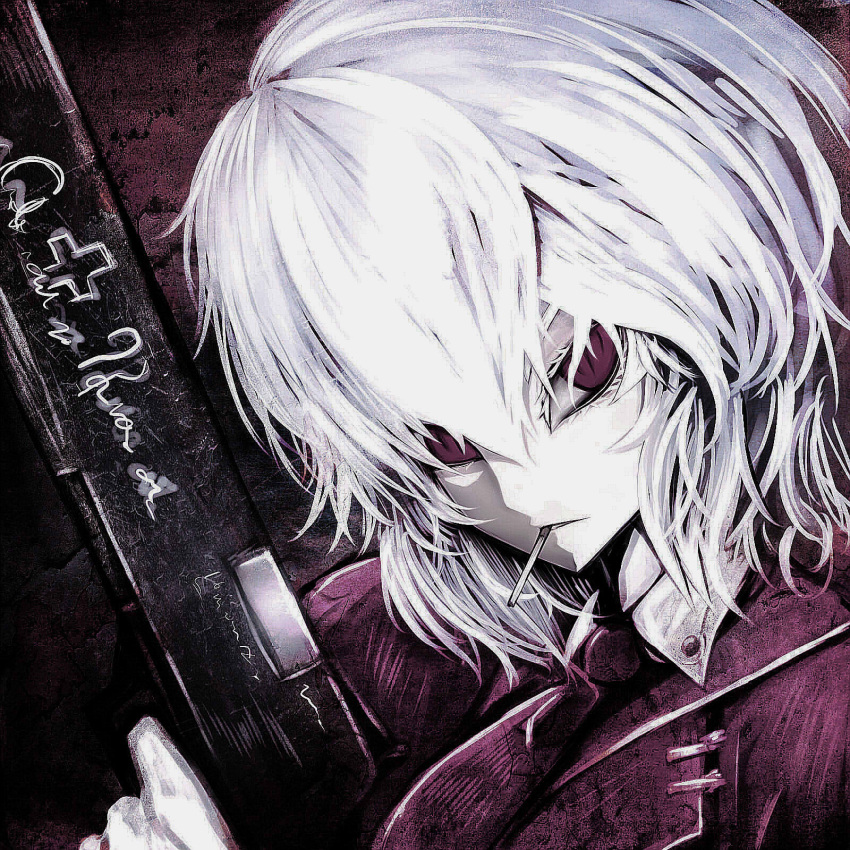 1girl, albino, cigarette, cross, denpa_rasaito, face, gun, hellsing, highres, holding_gun, holding_weapon, mouth_hold, necktie, red_eyes, remilia_scarlet, short_hair, slit_pupils, solo, touhou, weapon, white_hair, white_skin