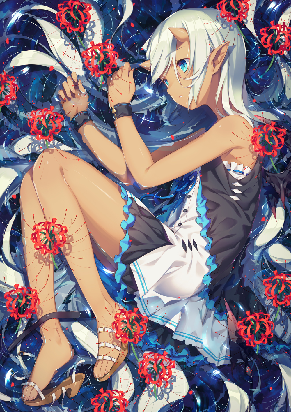 1girl, bare_shoulders, blue_eyes, dark_skin, dress, flower, highres, horns