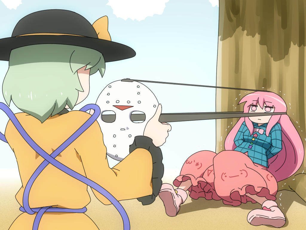 2girls, commentary_request, expressionless, expressive_clothes, face_mask, friday_the_13th, hat, hat_ribbon