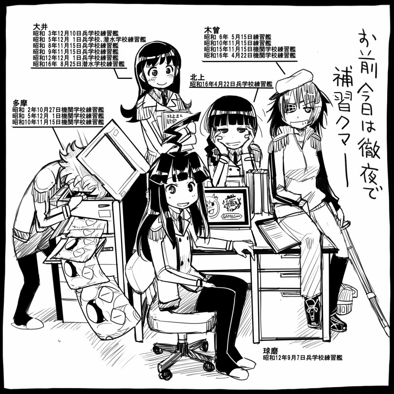 5girls, comic, commentary_request, computer, copy_machine, desk, epaulettes, eyepatch