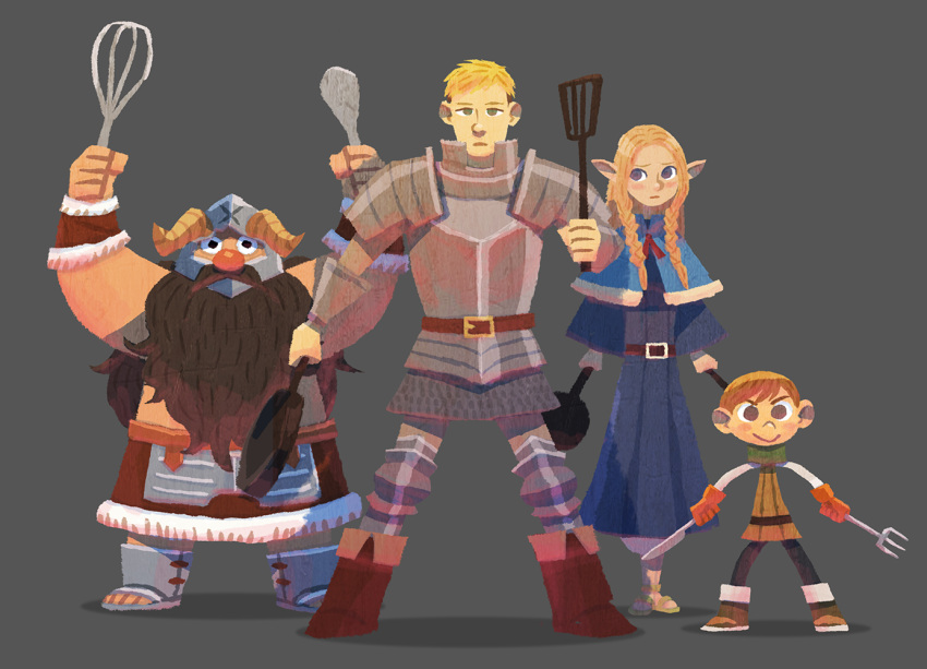 1girl, armor, blonde_hair, braid, dungeon_meshi, elf, facial_hair, fork