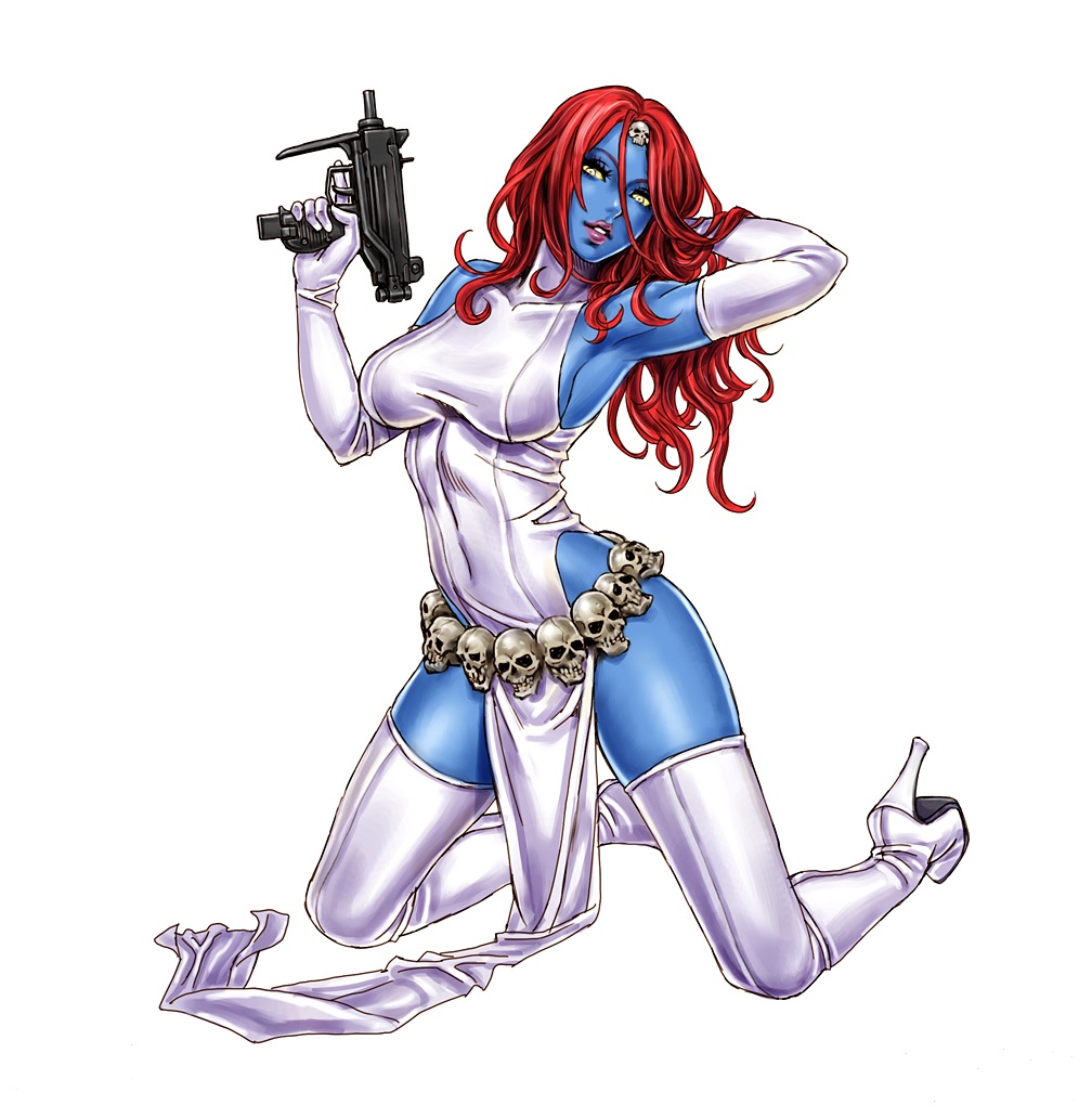 1girl, :d, adjusting_hair, armpits, bare_shoulders, belt, blue_skin, boots, breasts, covered_navel, dress, elbow_gloves, female, full_body, gloves, gun, hair_ornament, hand_behind_head, head_tilt, high_heels, highleg, highres, holding, holding_gun, holding_weapon, imi_uzi, kneeling, large_breasts, lips, lipstick, long_hair, looking_at_viewer, makeup, marvel, mystique, naughty_face, no_bra, no_panties, open_mouth, parted_lips, pelvic_curtain, pose, raven_darkholme, redhead, shirt, shoes, side_slit, sideboob, simple_background, skin_tight, skull, sleeveless, sleeveless_dress, smile, solo, spread_legs, submachine_gun, taut_clothes, taut_shirt, thigh-highs, thigh_boots, thighs, trigger_discipline, turtleneck, weapon, white_background, white_boots, white_eyes, white_footwear, white_gloves, white_legwear, x-men, yamashita_shun'ya, yellow_sclera