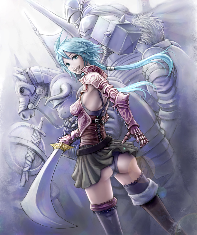 ass, barding, blue_hair, domo, gloves, green_eyes, horse, original