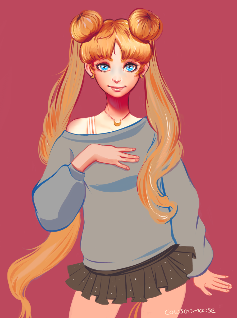 1girl, amber_harris, artist_name, bishoujo_senshi_sailor_moon, blonde_hair, blue_eyes, cowboy_shot, crescent, double_bun, earrings, highres, jewelry, long_hair, long_neck, miniskirt, nail_polish, off-shoulder_sweater, pendant, pink_nails, pleated_skirt, signature, skirt, smile, solo, sweater, tsukino_usagi, twintails, very_long_hair