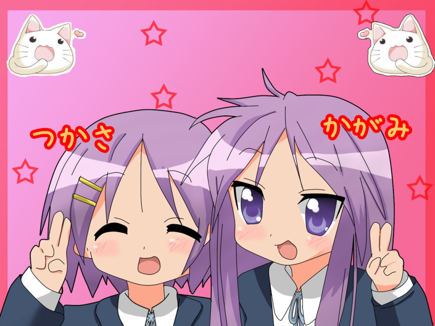 cat, cathead, cosplay, hiiragi_kagami, hiiragi_tsukasa, k-on!, long_hair, lucky_star, multiple_girls, nyamou, purple_eyes, purple_hair, rakisana, school_uniform, short_hair, translated, translation_request, tsurime, v, violet_eyes