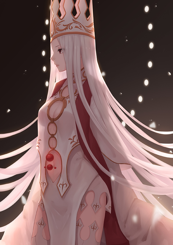 1girl, albino, breasts, cleavage, cleavage_cutout, cowboy_shot, crown, dress_of_heaven