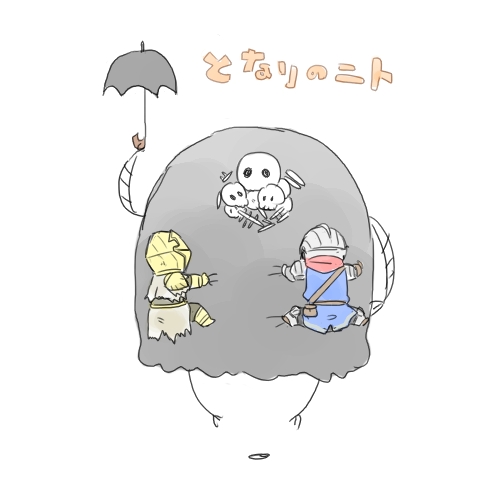 armor, chosen_undead, dark_souls, full_armor, gravelord_nito, helmet, knight, lowres, multiple_boys, paladin_leeroy, parody, skull, souls_(from_software), tonari_no_totoro