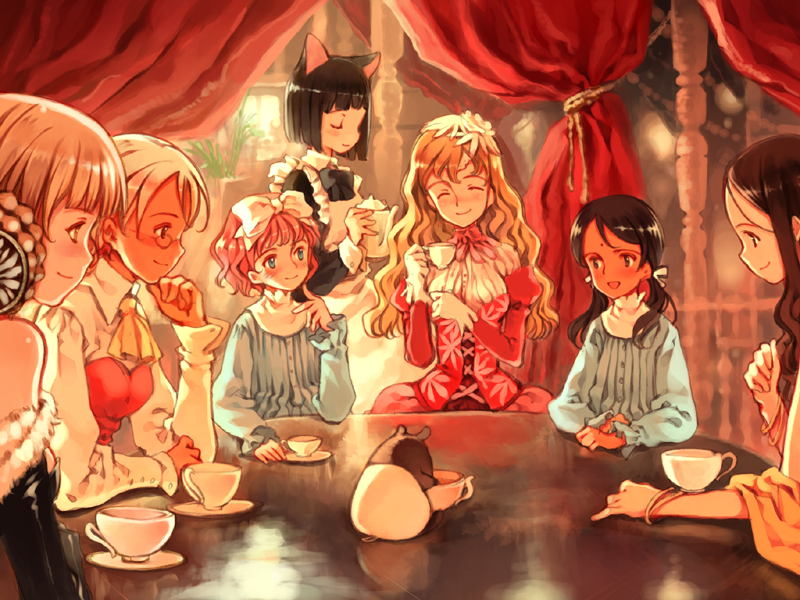 6+girls, animal_ears, apron, aria_vancleef, bangs, black_hair, blonde_hair, bow