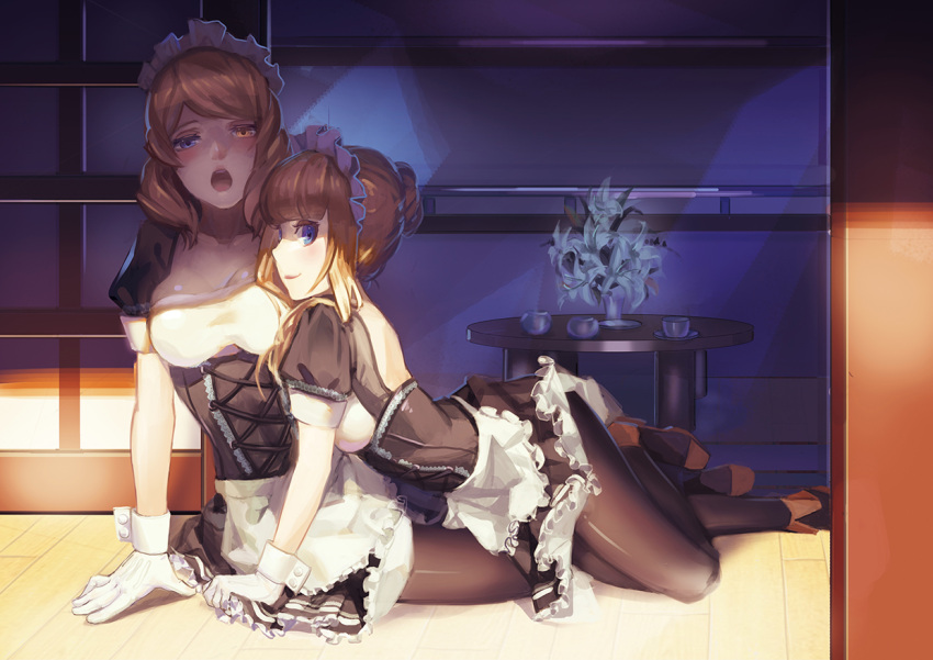 2girls, :o, apron, black_dress, black_legwear, blonde_hair, blue_eyes, blush, breasts, cleavage, corset, cross-laced_clothes, cup, dress, flower, frilled_apron, gloves, hair_bun, heterochromia, high_heels, indoors, leaning_forward, lily_(flower), liyou-ryon, looking_at_viewer, maid_headdress, multiple_girls, pantyhose, puffy_short_sleeves, puffy_sleeves, renown_(zhan_jian_shao_nyu), repulse_(zhan_jian_shao_nyu), short_sleeves, sitting, table, teacup, underbust, waist_apron, white_flower, white_gloves, wooden_floor, wrist_cuffs, yellow_eyes, yuri, zhan_jian_shao_nyu