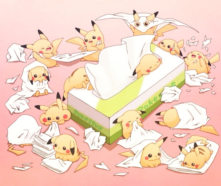 >_<, :3, ^_^, biting, blanket, blush_stickers, cape, chewing, closed_eyes, gradient, gradient_background, happy, lying, mask, no_humans, on_side, on_stomach, pachipachi326, paper_airplane, pikachu, pokemon, pokemon_(creature), pulling, sitting, sleeping, tearing_paper, text, tissue, tissue_box, too_many, too_many_pikachu, upside-down