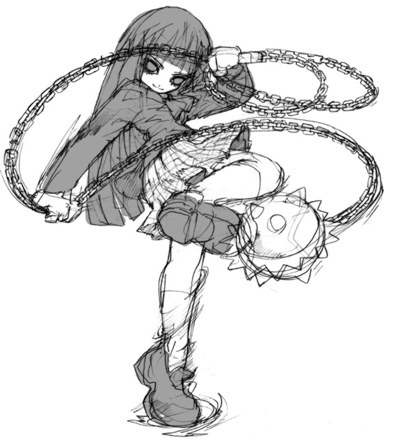 1girl, ball_and_chain, gogo_yubari, kill_bill, long_hair, monochrome, nakayama_tooru, school_uniform