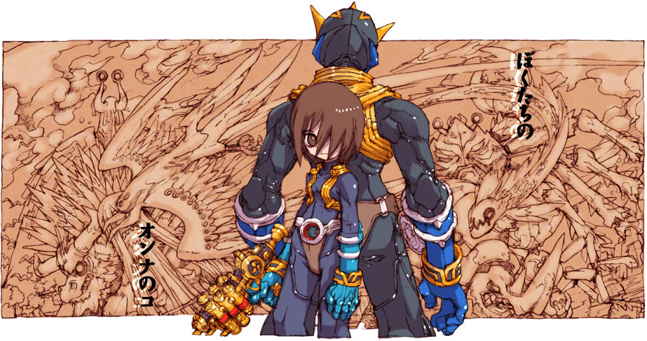 1boy, 1girl, amami_akira, belt, brown_eyes, brown_hair, female, kamen_rider, kamen_rider_amaki, kamen_rider_hibiki_(series), kamen_rider_ibuki, male, nakayama_tooru, oni, weapon