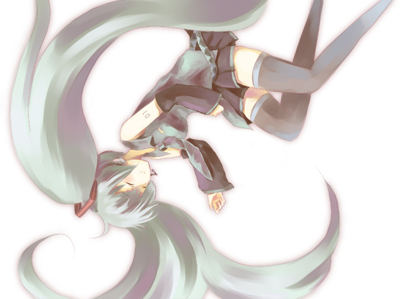 aqua_hair, bad_id, closed_eyes, detached_sleeves, e-kiasanyagi, hatsune_miku, headphones, headset, long_hair, lying, necktie, on_side, simple_background, skirt, solo, thigh-highs, thighhighs, twintails, vocaloid, zettai_ryouiki