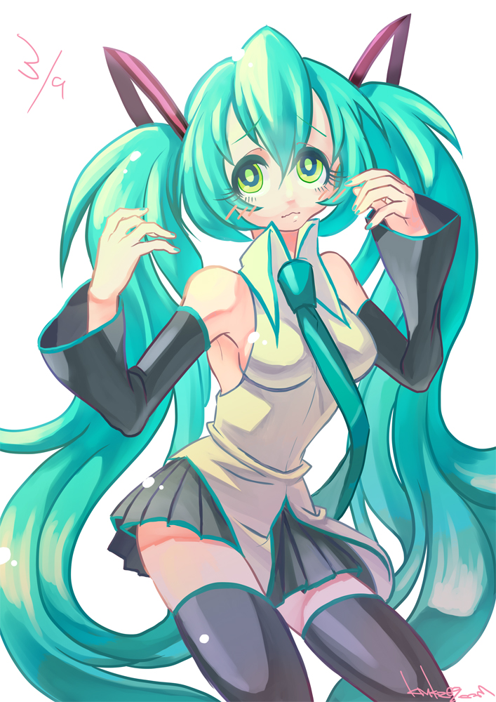1girl, aqua_eyes, aqua_hair, bare_shoulders, black_legwear, blush, boots, commentary_request, detached_sleeves, hatsune_miku, long_hair, looking_at_viewer, necktie, skirt, sleeveless, smile, solo, thigh-highs, thigh_boots, twintails, very_long_hair, vocaloid, wabiwabiwabi, zettai_ryouiki