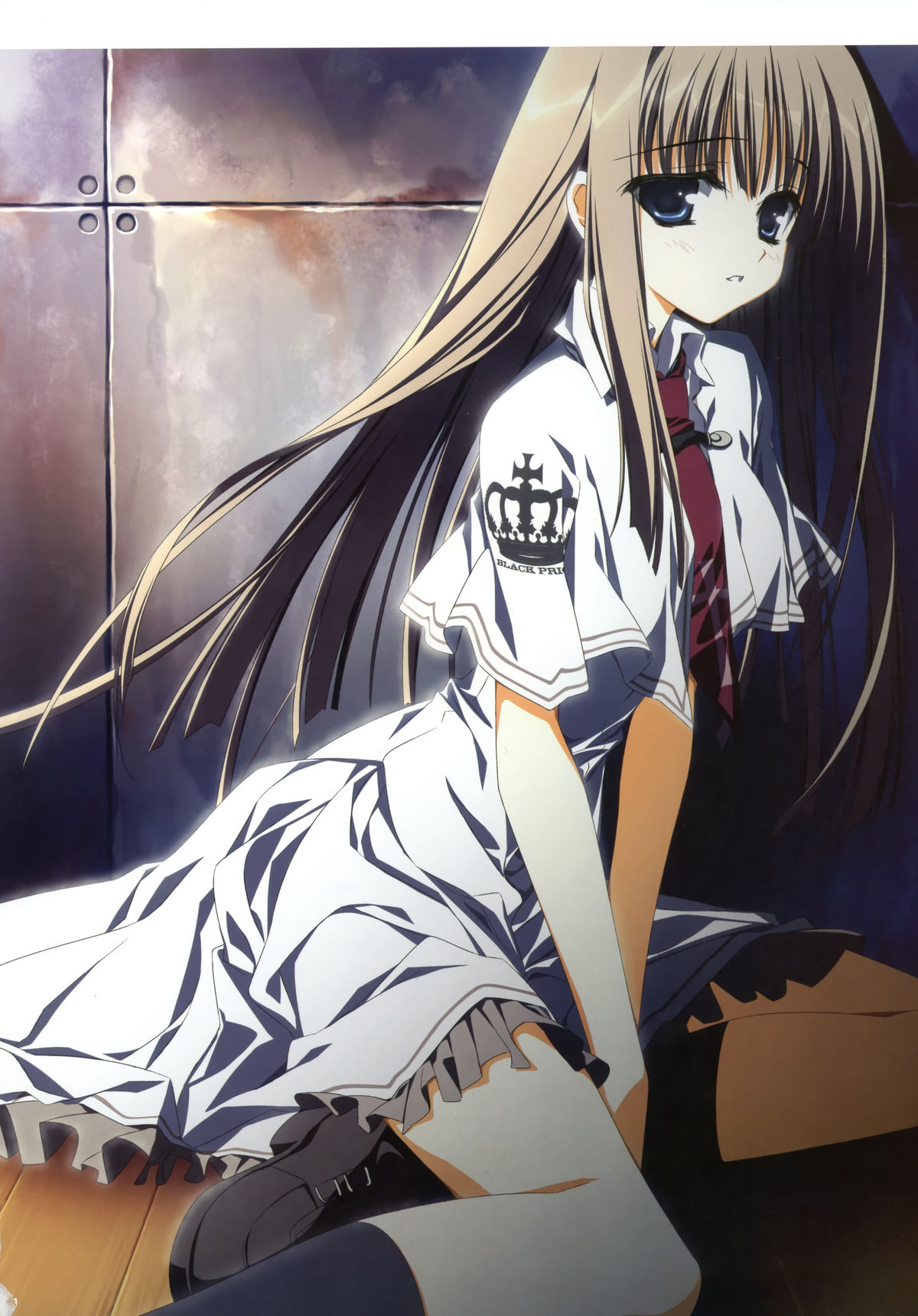 1girl, black_legwear, blue_eyes, brown_hair, highres, indoors, long_hair, looking_at_viewer