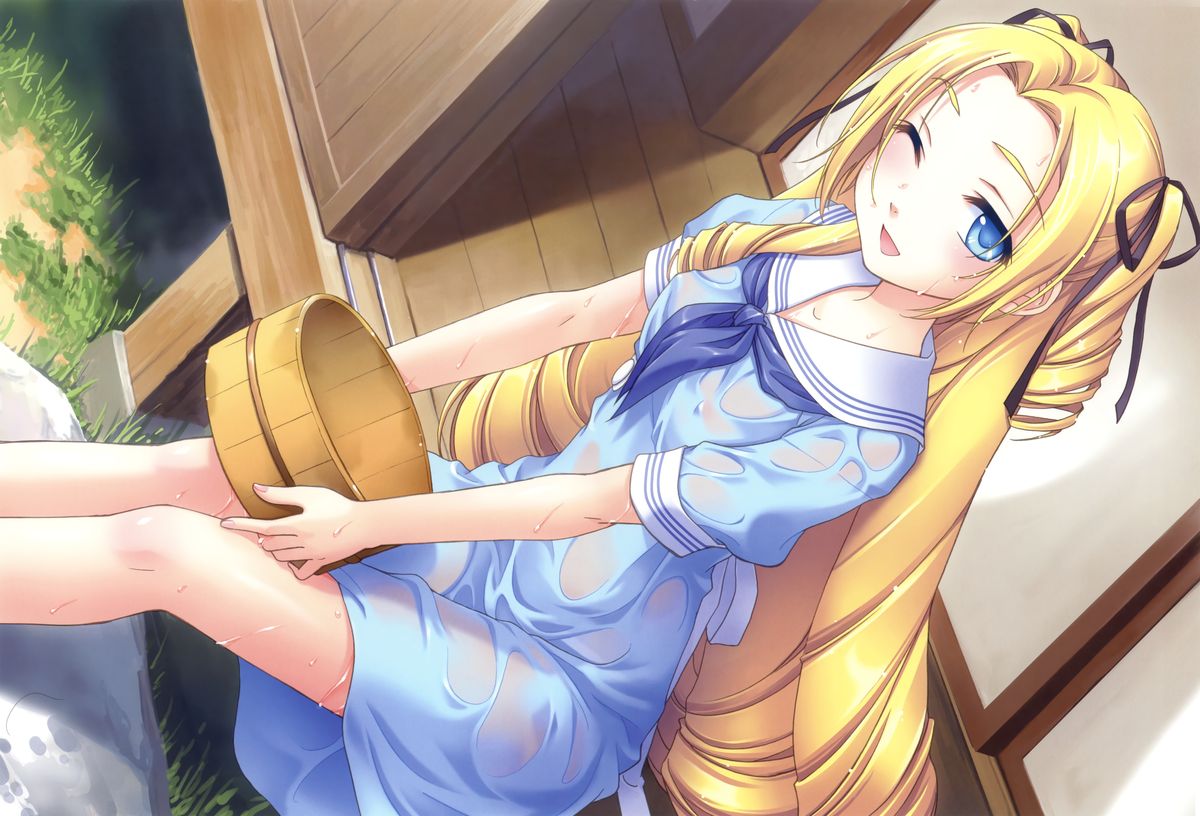 1girl, black_ribbon, blonde_hair, blue_dress, blue_eyes, covered_nipples, dress, hair_ribbon